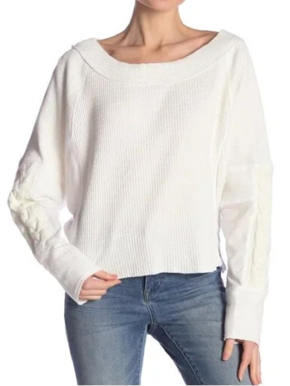 Free People Ivory Boatneck Cable-Sleeve Waffle-Knit Top